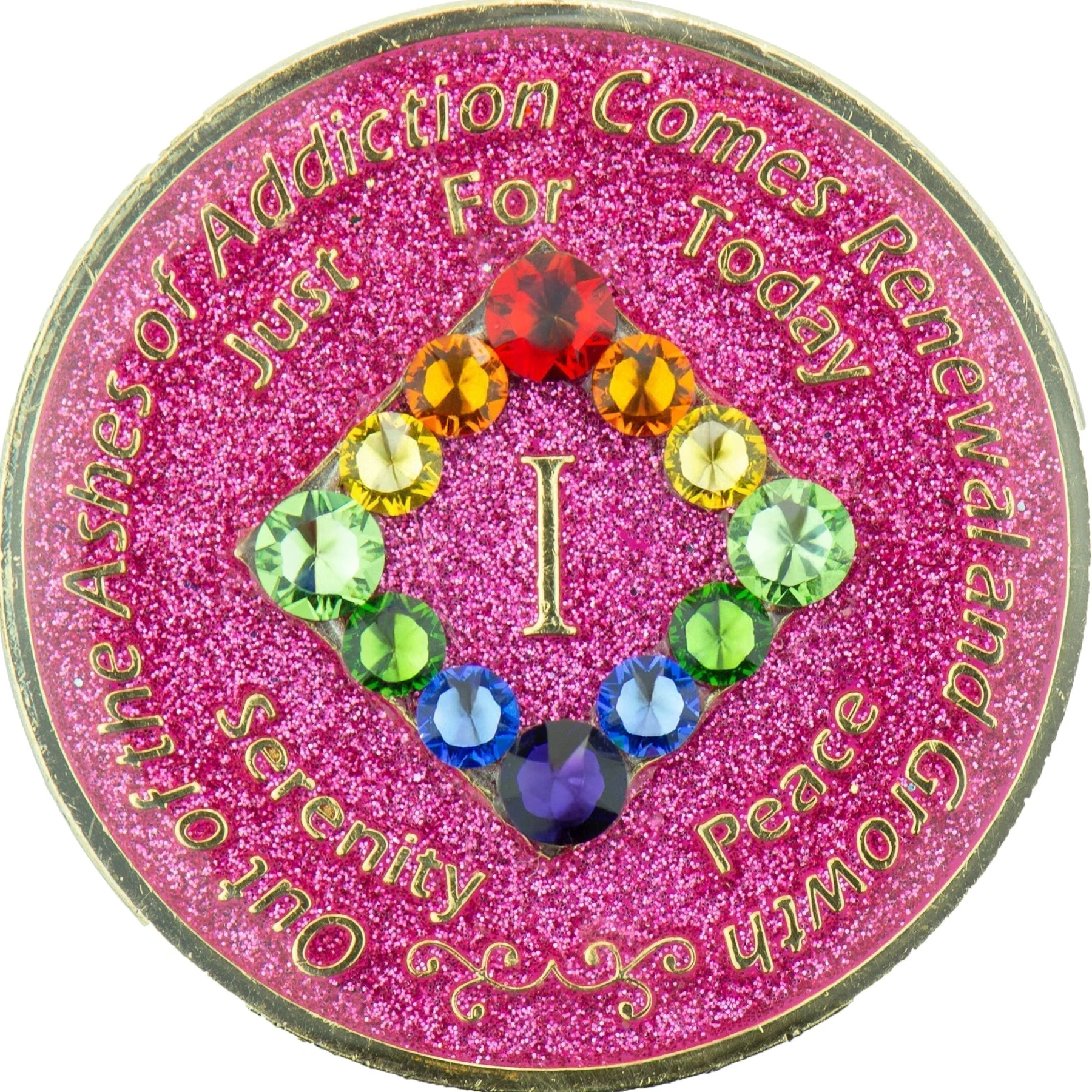 Front of glitter pink NA recovery medallion with rainbow crystals, years 1–45