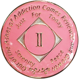 Front of pink NA recovery medallion for clean-time milestones, available in years 1–45