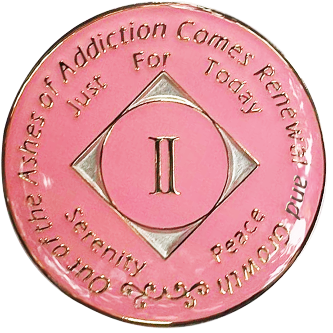 Front of pink NA recovery medallion for clean-time milestones, available in years 1–45