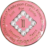 Front of pink NA recovery medallion with white crystals, available in years 1–45