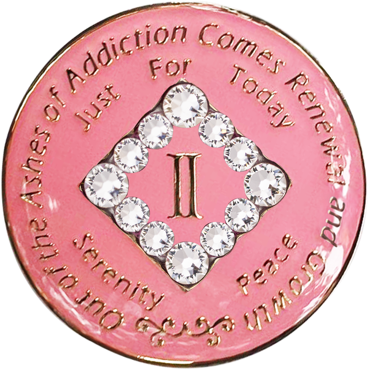 Front of pink NA recovery medallion with white crystals, available in years 1–45