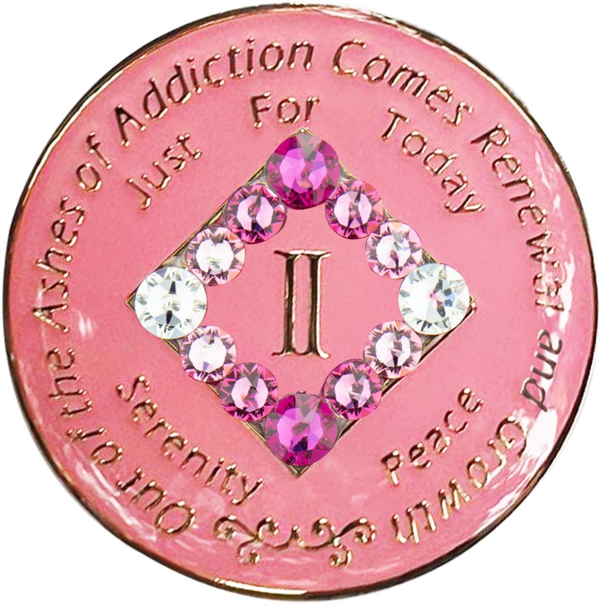 Front of pink NA recovery medallion with pink transition crystals, years 1–45