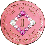 Front of pink NA recovery medallion with pink transition crystals, years 1–45