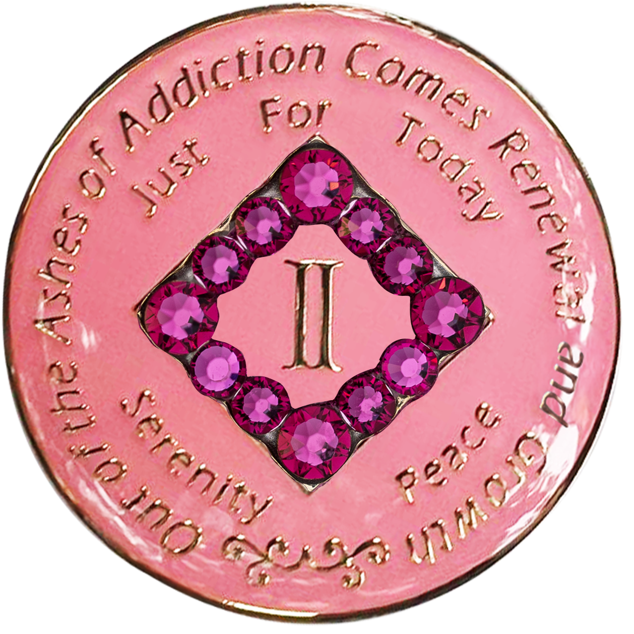 Front of pink NA recovery medallion with pink crystals, available in years 1–45