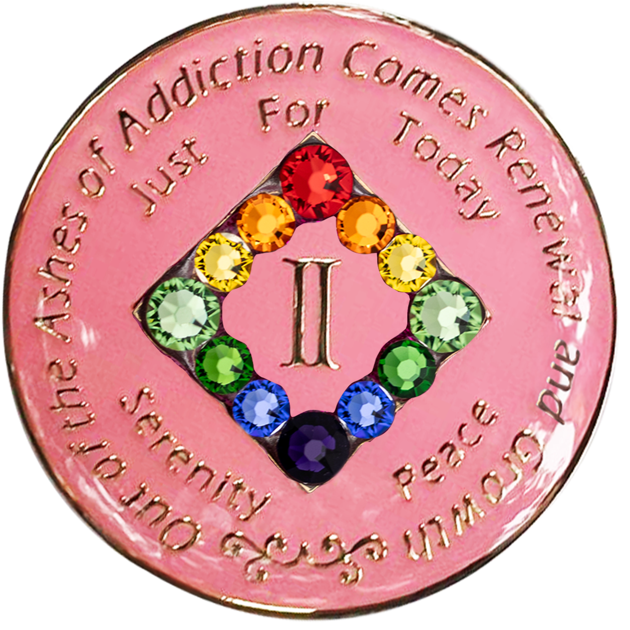 Front of pink NA recovery medallion with rainbow crystals, available in years 1–45