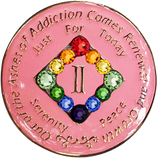 Front of pink NA recovery medallion with rainbow crystals, available in years 1–45
