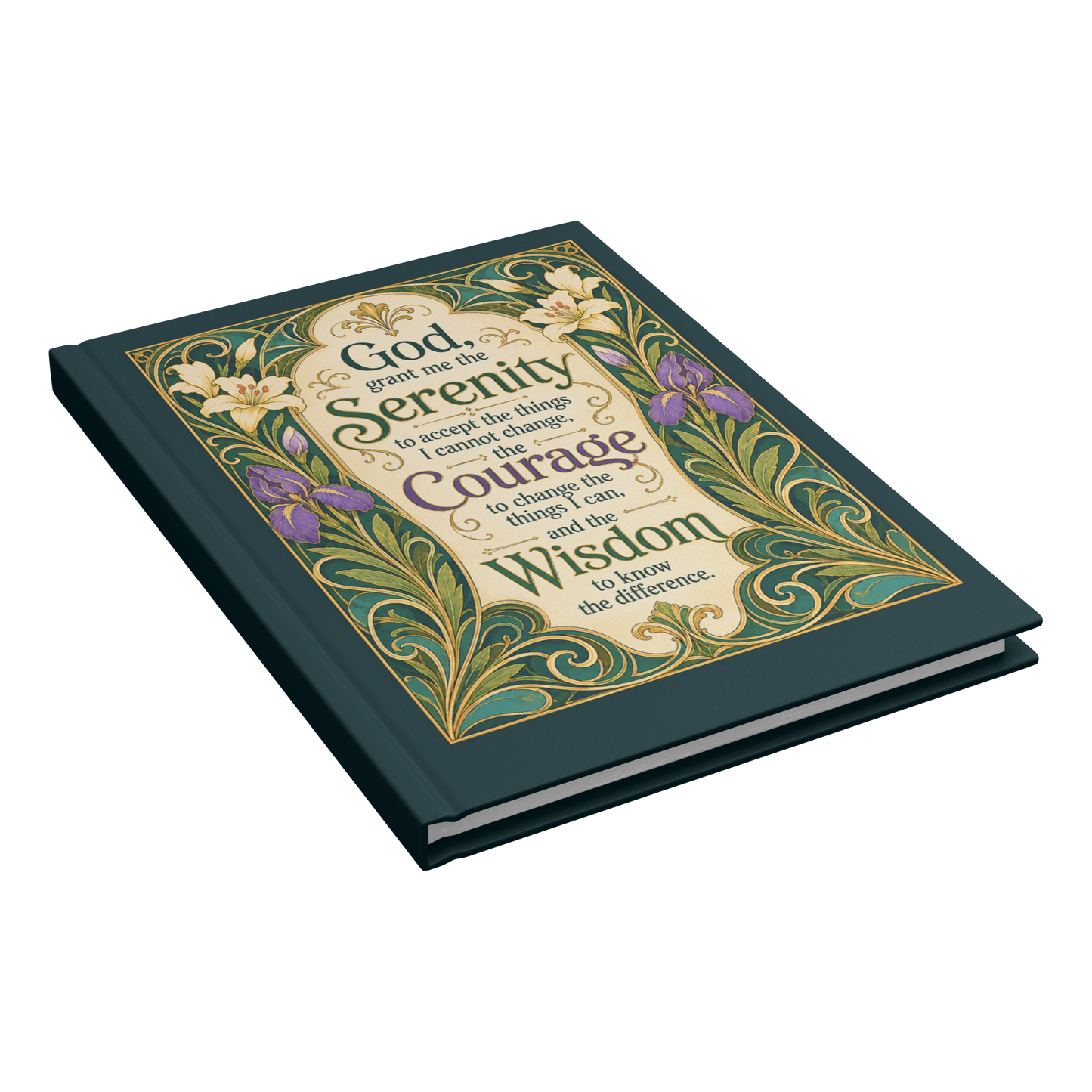 Art Nouveau Serenity Prayer journal closed at an angle