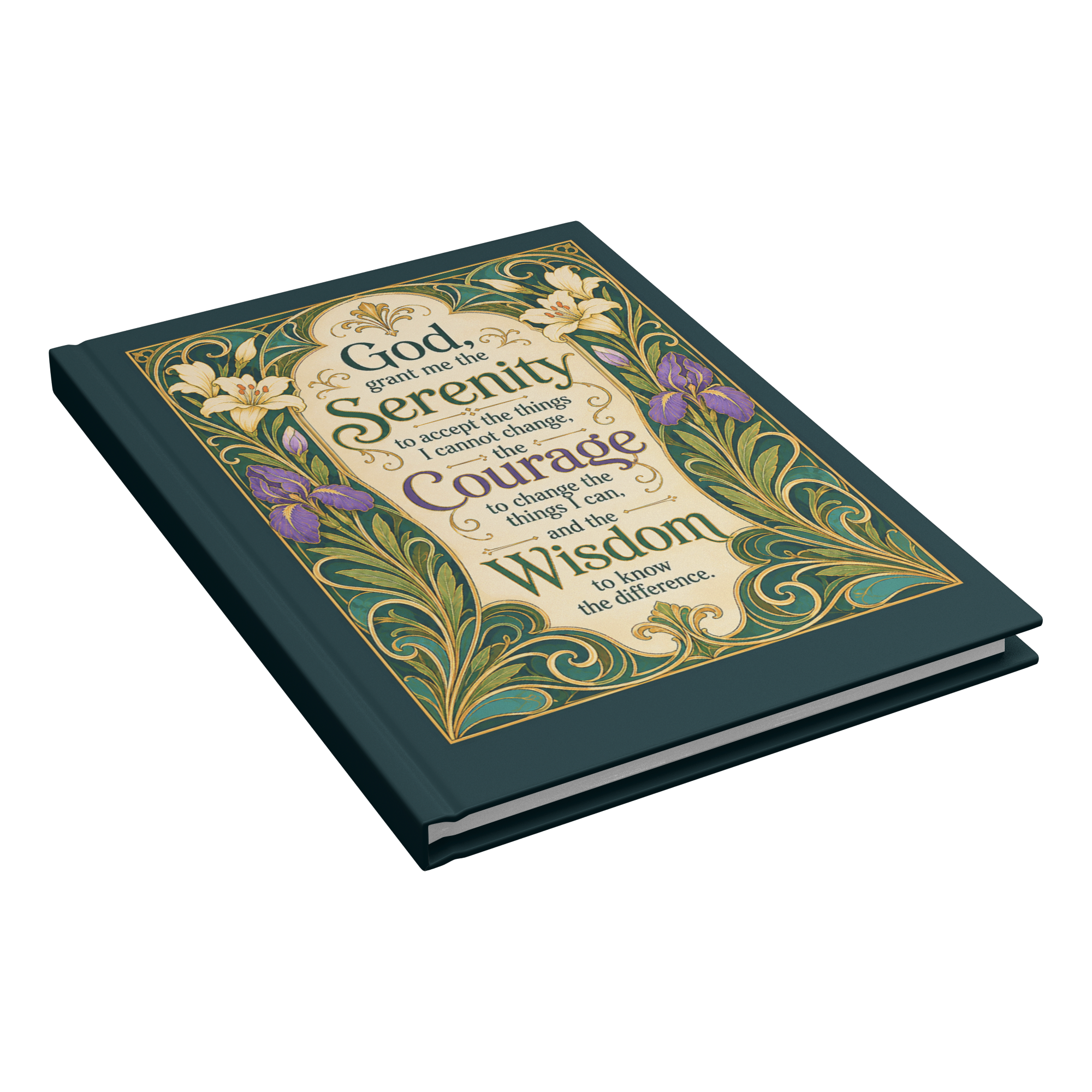 Art Nouveau Serenity Prayer journal closed at an angle