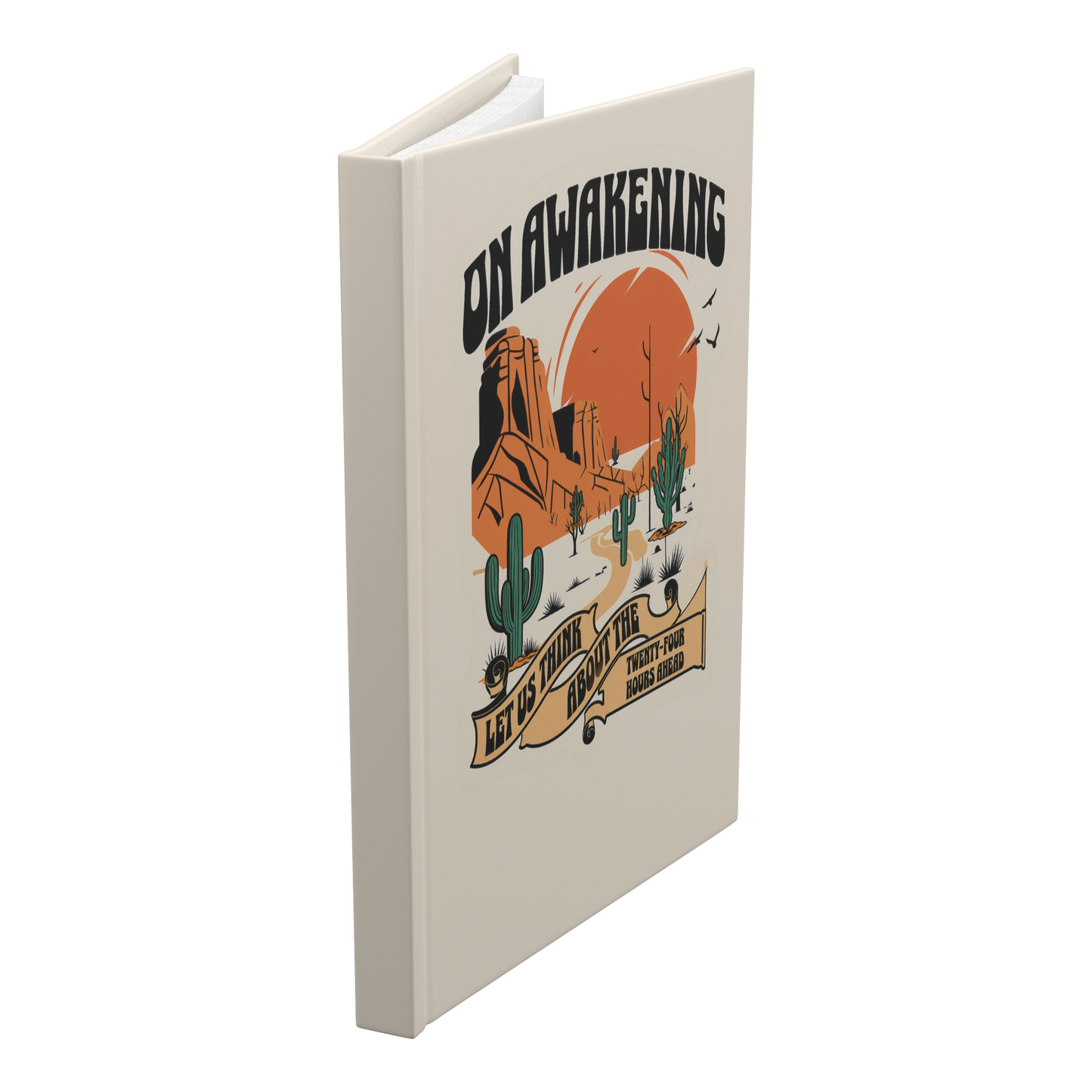 On Awakening hardcover journal standing angled view