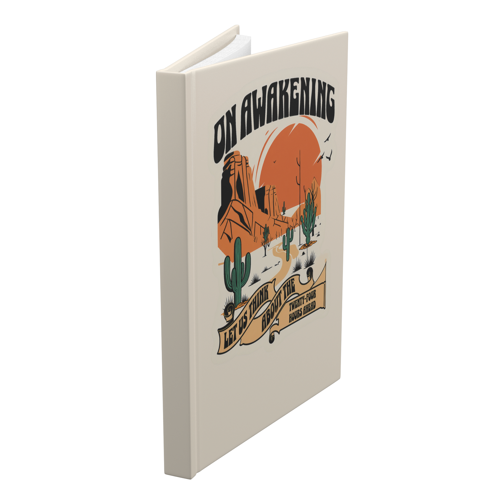 On Awakening lined hardcover journal standing angled view