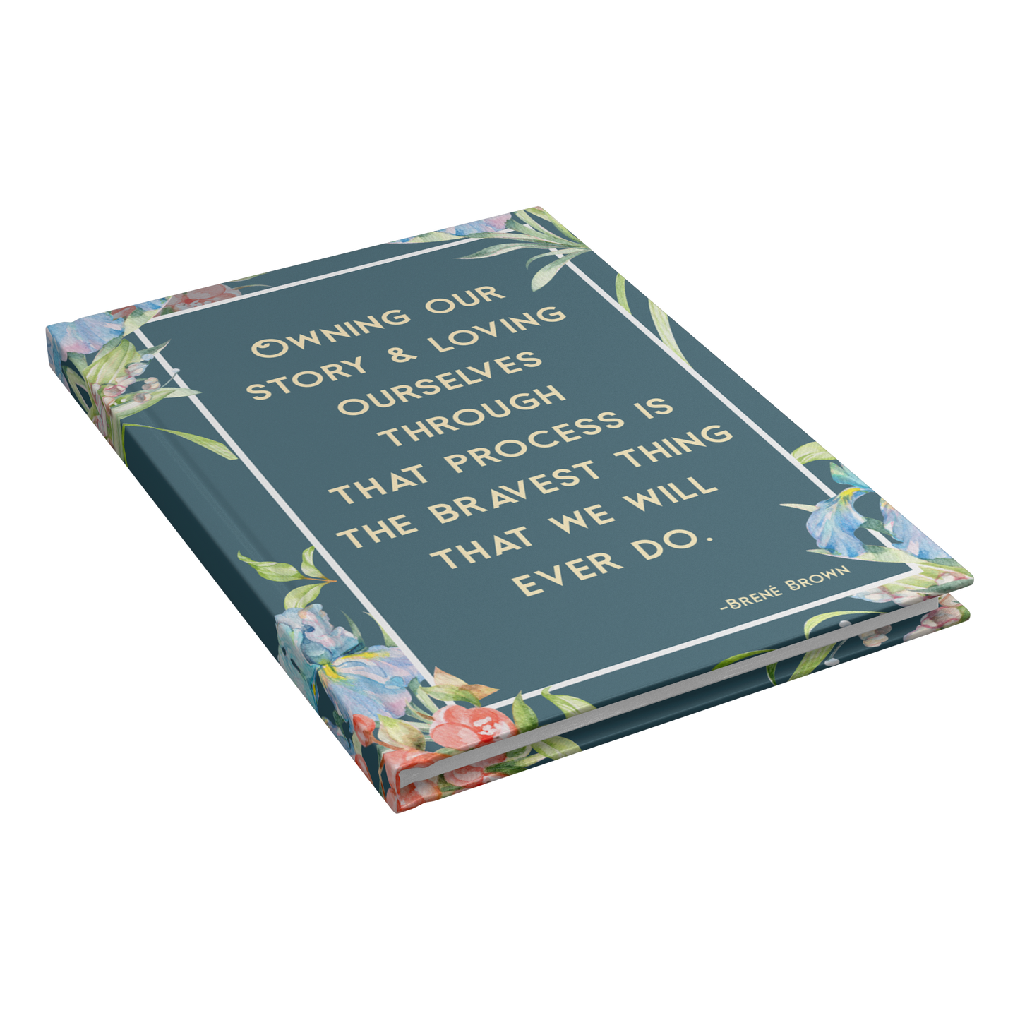 Owning Our Story lined hardcover journal closed angle view