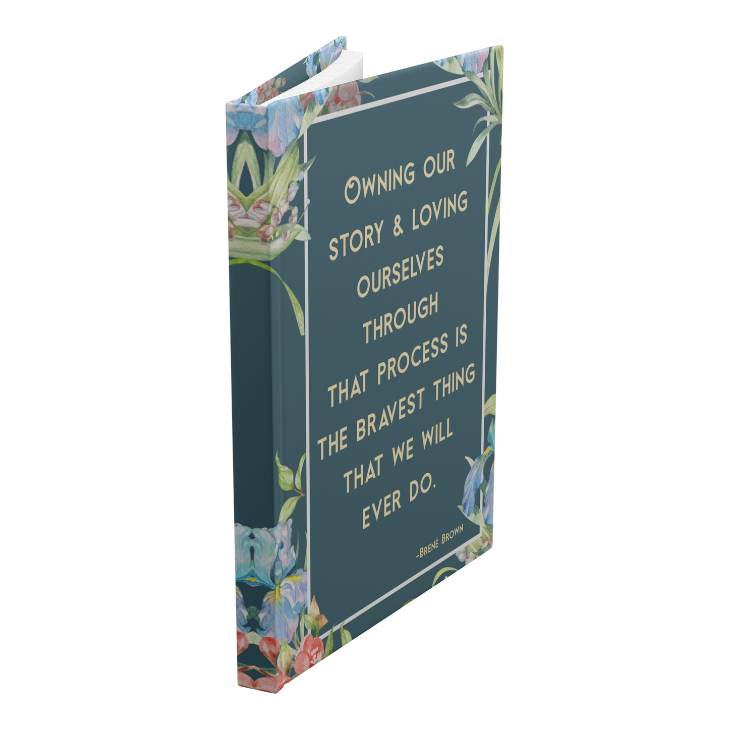 Owning Our Story hardcover journal standing mockup